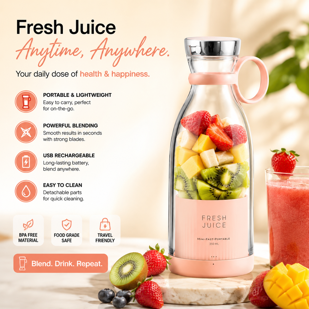 Portable Mini Blender – Fresh Smoothies & Juices Anywhere